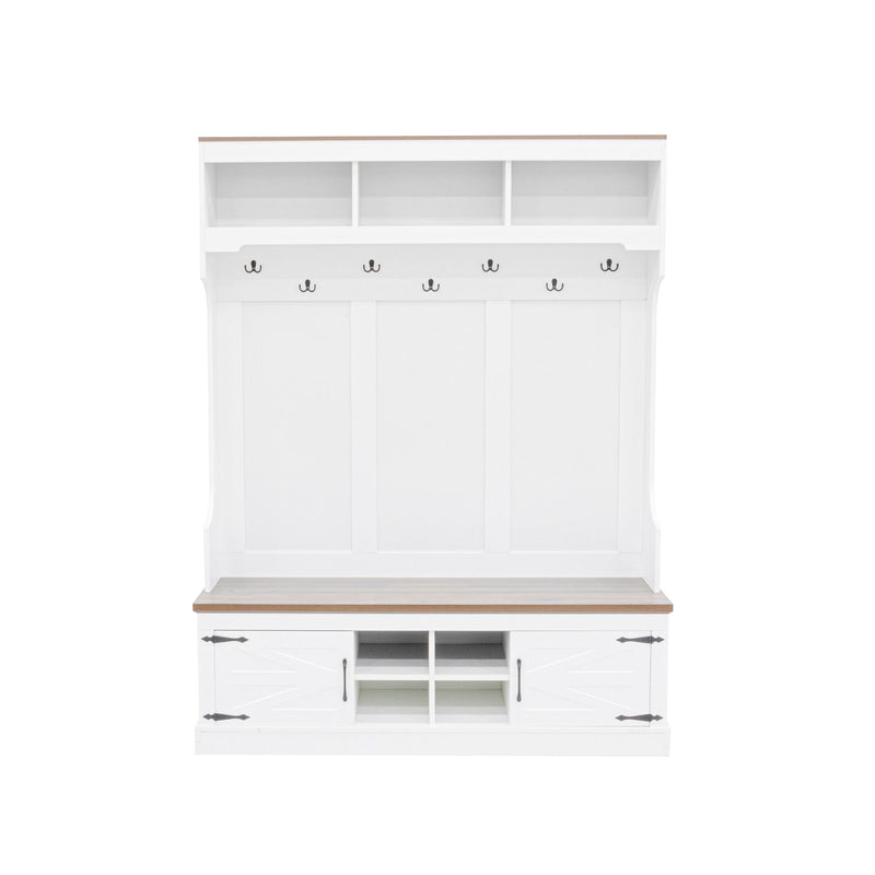 Hall Tree With Bench And Shoe Storage, 5 In 1 Entryway Organizer Cabinet With Coat Rack, 4 Shoe Cubbies & 7 Hooks - White