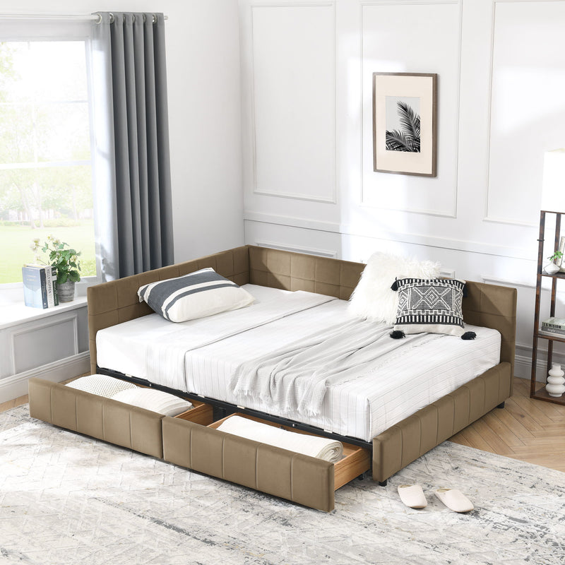 Mid-Century Storage Upholstered Tufted Bed Frame With Backrest And Armrests