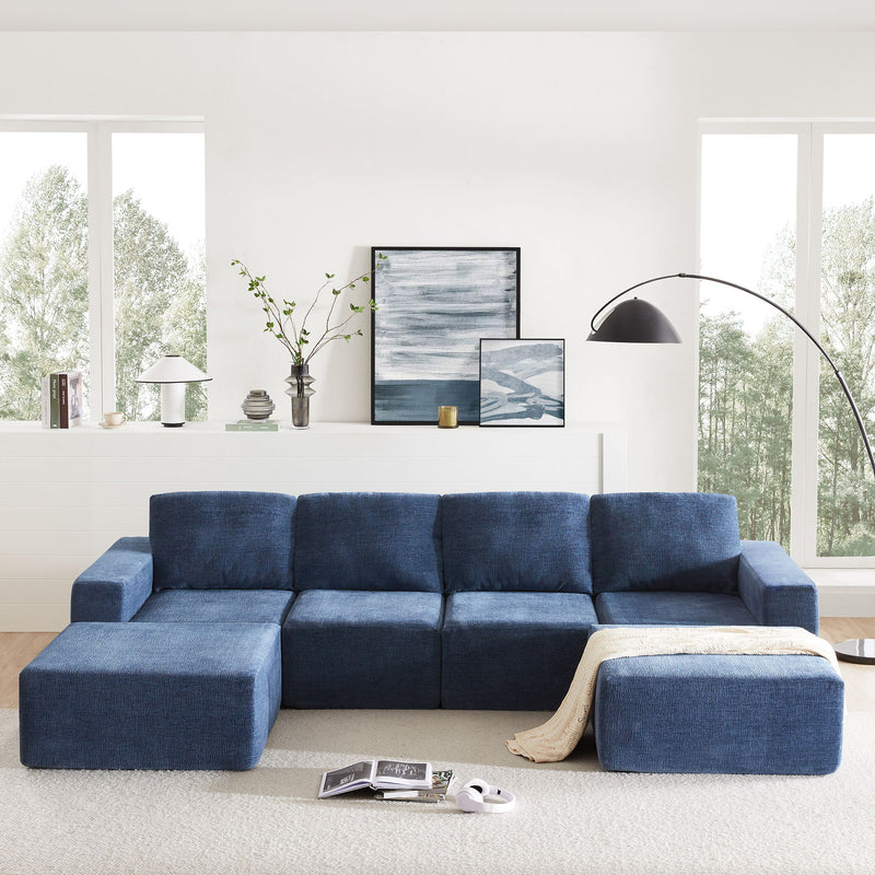 Modular U Shaped Sectional With Ottomans, Luxury Cloud Floor Couch With Deep Seat Fully Compressed Upholstered Sofa