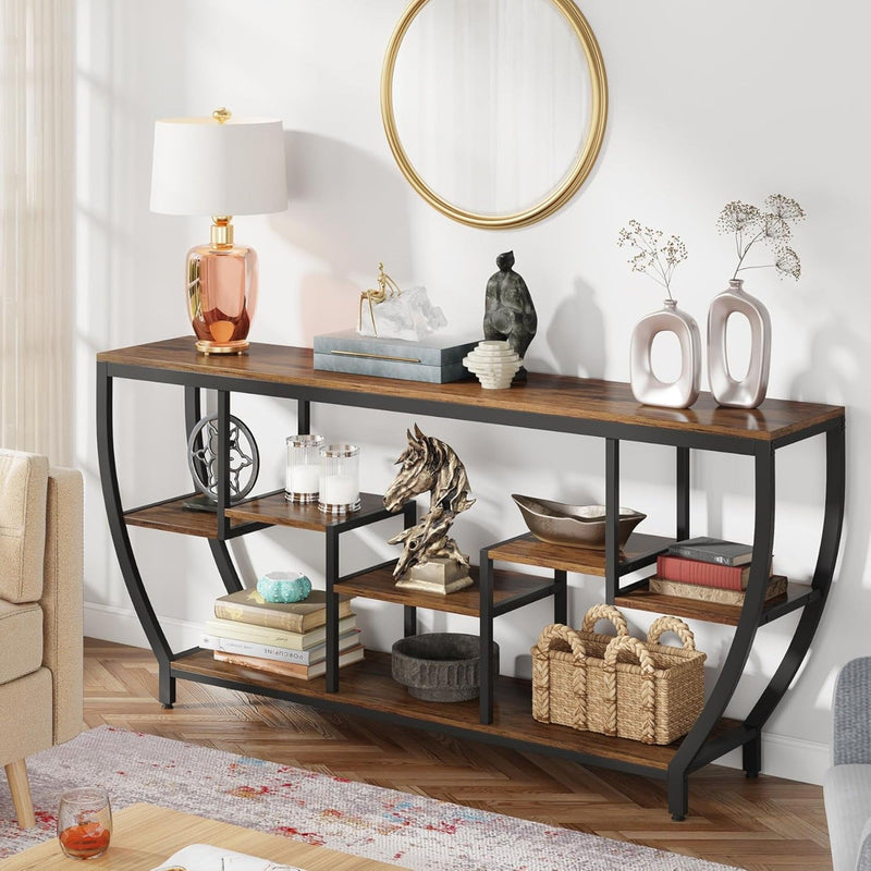 Extra Long Entryway Console Sofa Table With 7 Tier Shelves - Brown / Black