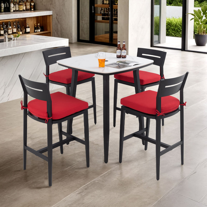 5 Pieces Outdoor Patio Bar Set, Rounded Square Table & 4 Aluminum Bar Stools