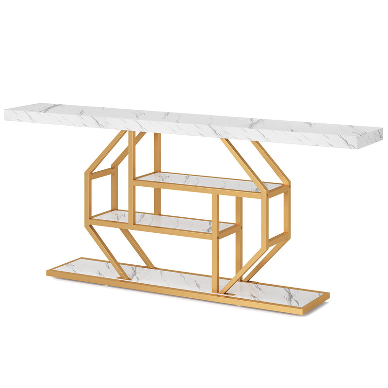 Extra Long Console Table With 4 Tier Storage For Living Hallway - White / Gold