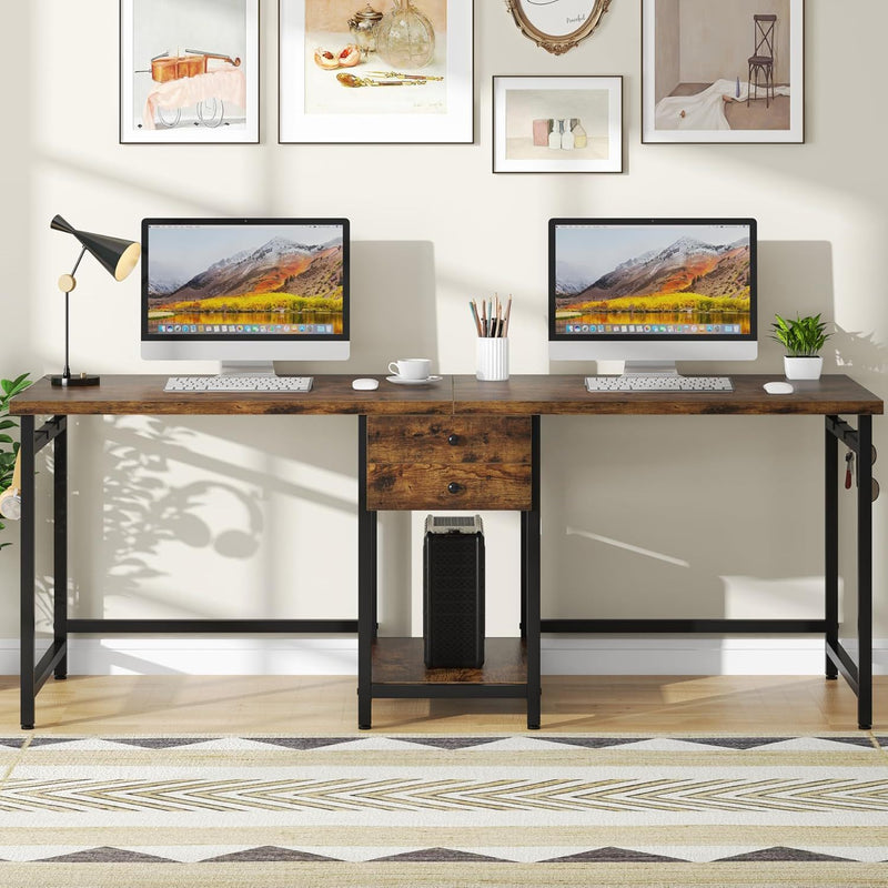 2 Person Computer Desk With Drawers And Shelves, Extra Long Double Workstation