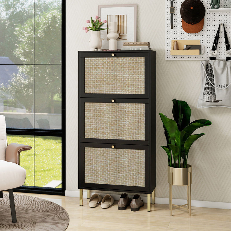 Modern Rattan 3 Door Shoe Rack Cabinet For Entryway