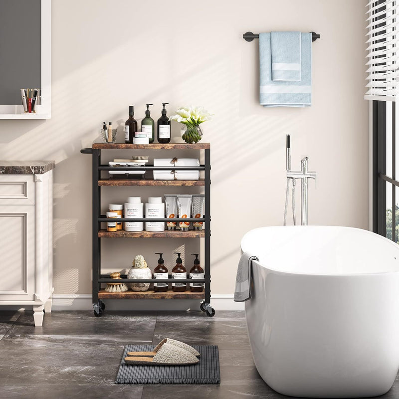 Slim 4 Tier Rolling Utility Cart With Wheels, Narrow Kitchen Storage Trolley - Brown / Black