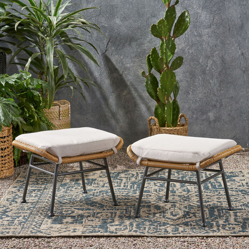 Outdoor Modern Boho Wicker Ottoman With Cushions (Set of 2)