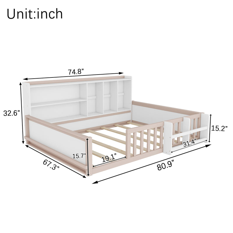 Platform Bed Frame With Guardrail, Storage Shelves & Bookshelf