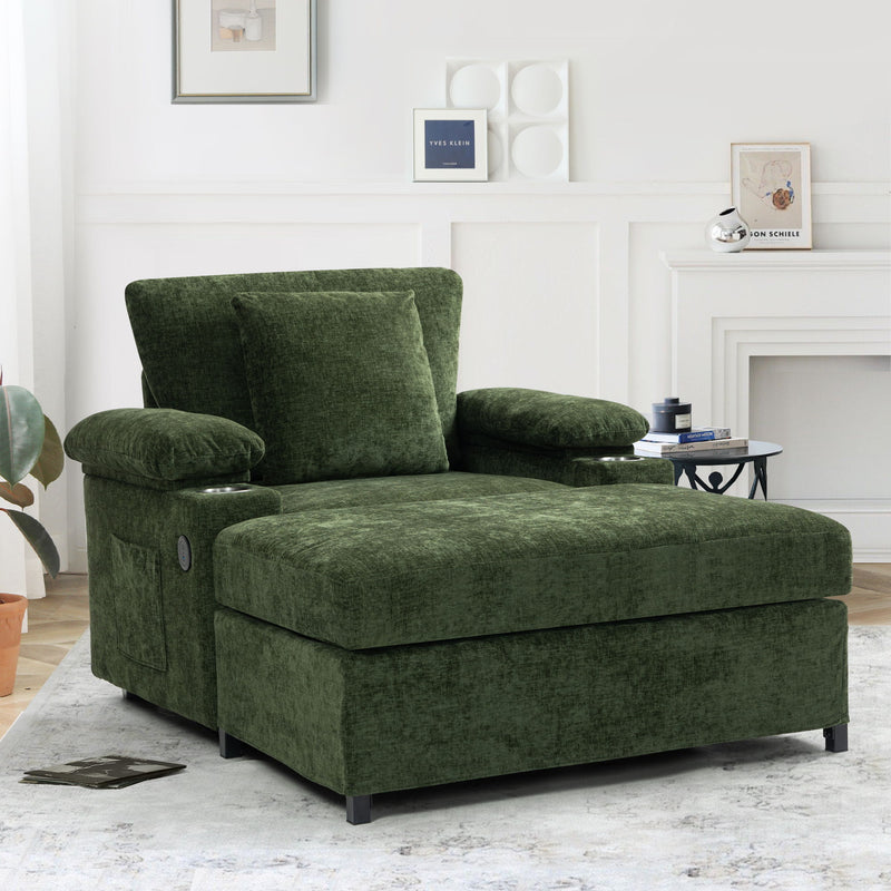 Chenille Fabric Sofa Bed With Cupholders And USB Charging Ports Chair For Living Room