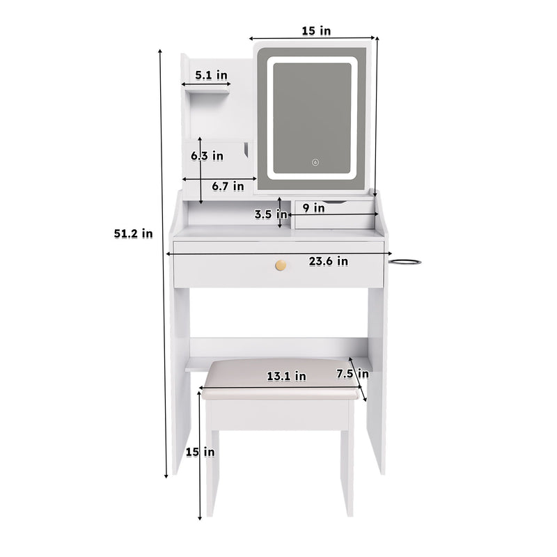LED Vanity Mirror With Stool, 2 Drawers & 5 Storage Cabinets, Adjustable Lighting Mdf Dressing Table For Bedroom - White