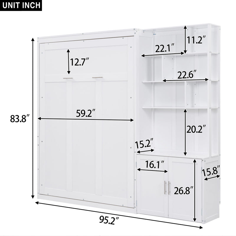 Full Size Murphy Bed With Multiple Storage Shelves And A Cabinet - White