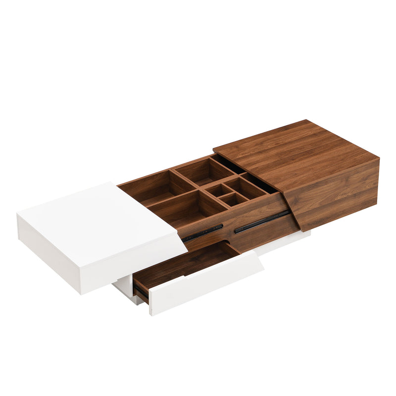 Extendable Sliding Top Coffee Table With Storage, Rectangle Shape - White / Walnut