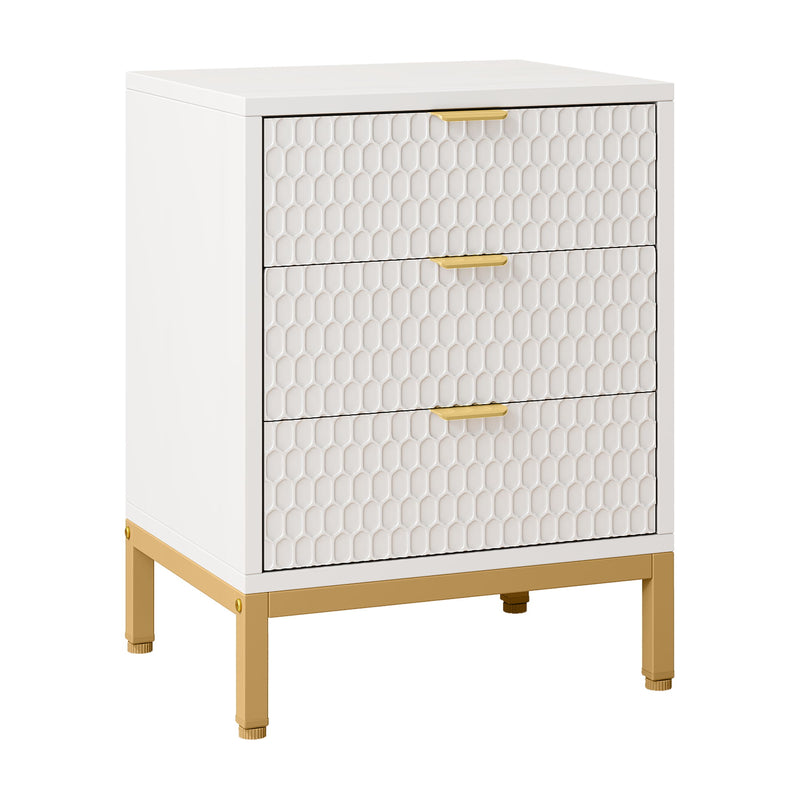 3 Drawer Nightstand With Hexagon Pattern, Storage Table For Living - White