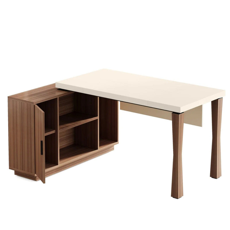 L-Shaped Executive Desk With Storage Cabinet, Home Office Workstation With Shelves - White / Walnut