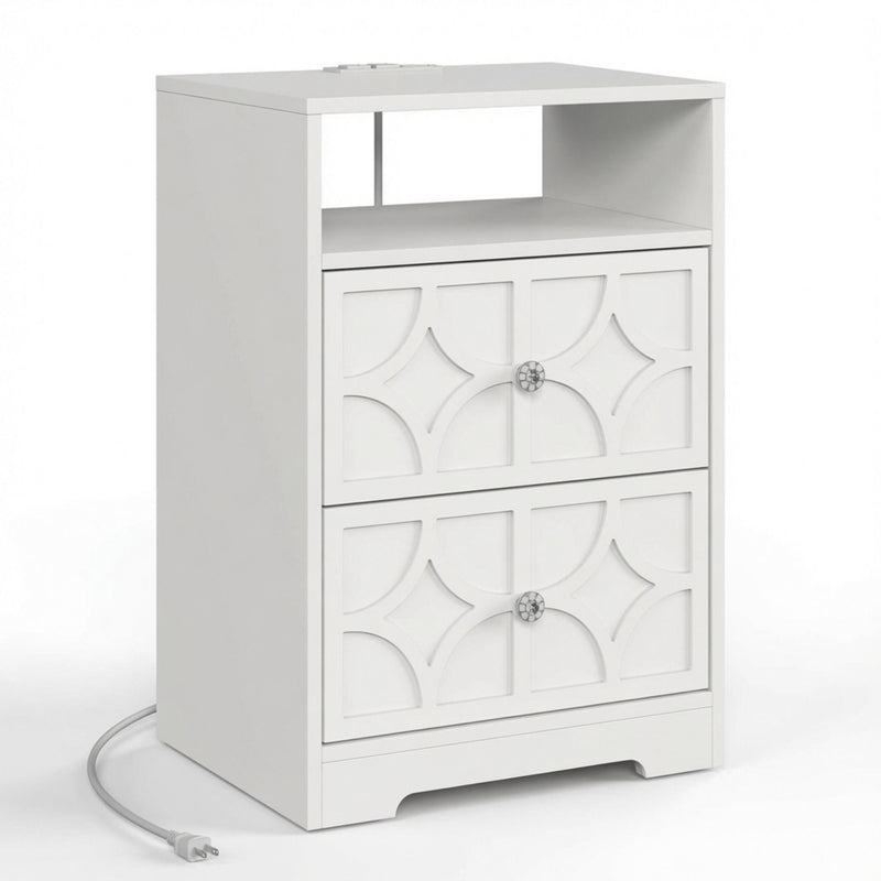 Nightstand With Diamond Carvings Handles, 2 Drawers & Charging Station