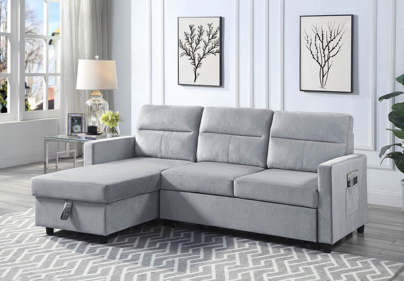 Ruby - Reversible Sleeper Sectional Sofa With Storage Chaise And Side Pocket - Light Gray
