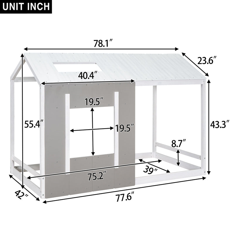 Twin Size House Platform Bed With Roof And Window - Natural / White