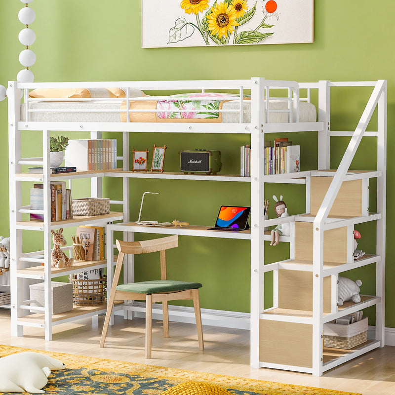 Twin Size Loft Bed With Built In Desk, Staircase Storage & 4 Tier Shelves - White
