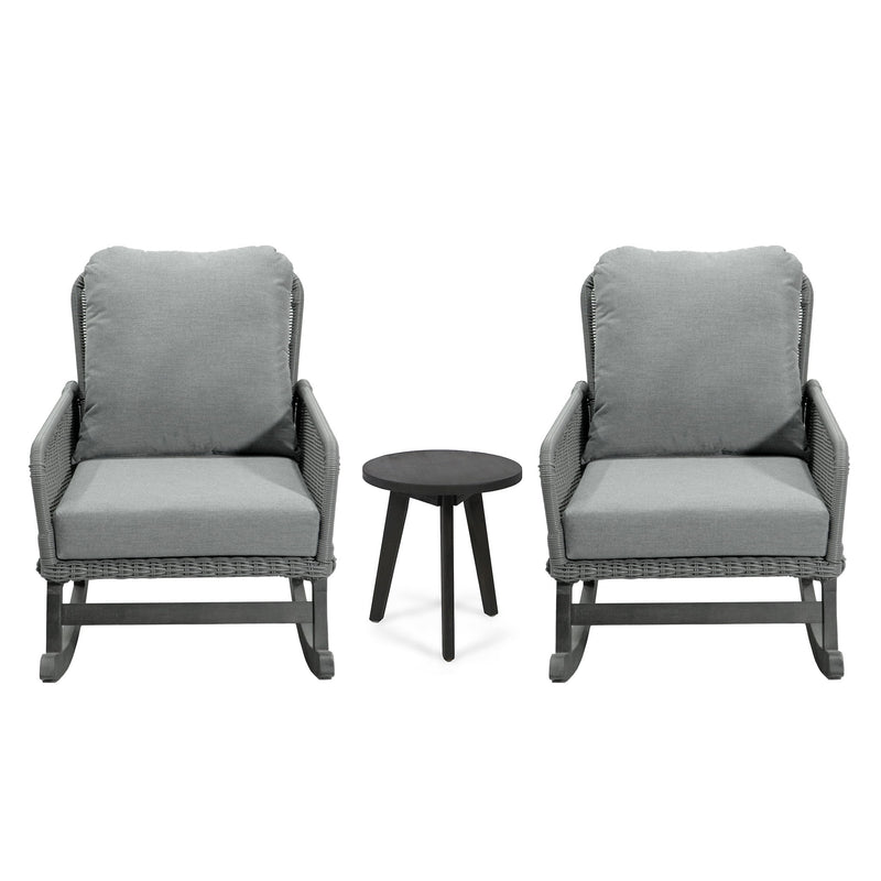 Modern 3 Piece Outdoor Seating Set With Cushioned Rattan Rocking Chairs And Wooden Accent Table
