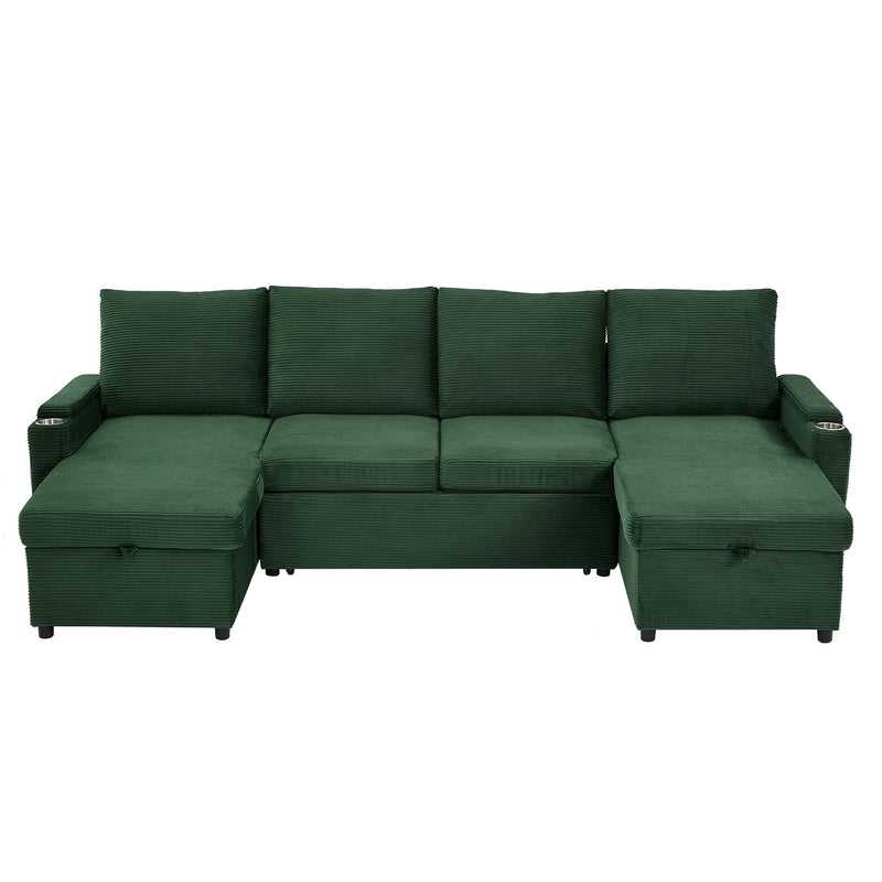 U Shaped Sectional Sofa Bed With Storage Chaise Lounges, USB Ports, And Cup Holders