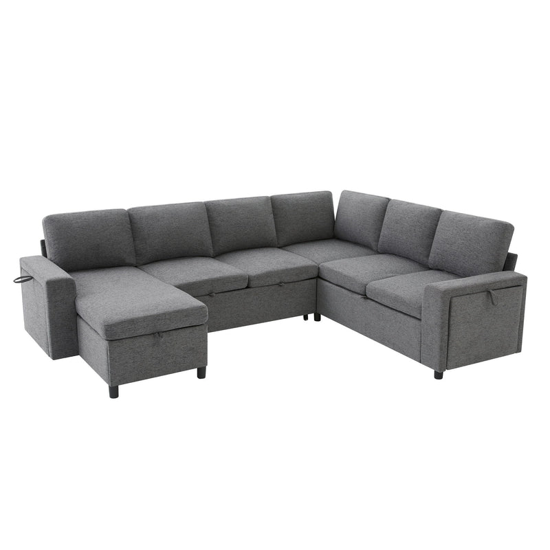 U - Shaped Convertible Sectional Sofa Bed With Storage, USB Charger & Cup Holders