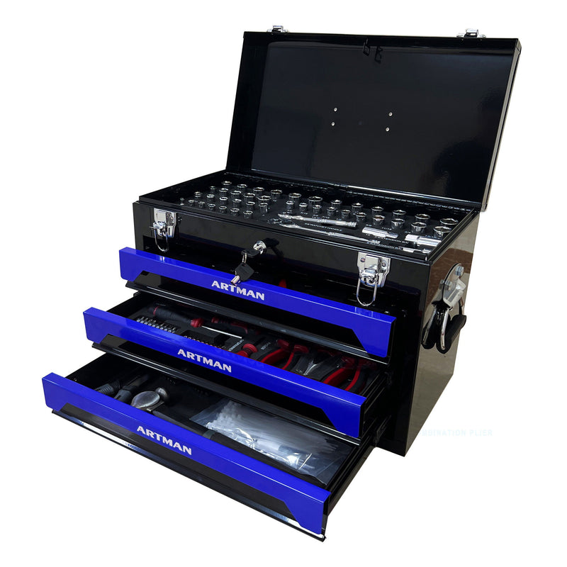 Portable 3 Drawer Steel Toolbox, 4 Layers Of Tools With Metal Latches, With Storage Tray And Carrying Handle