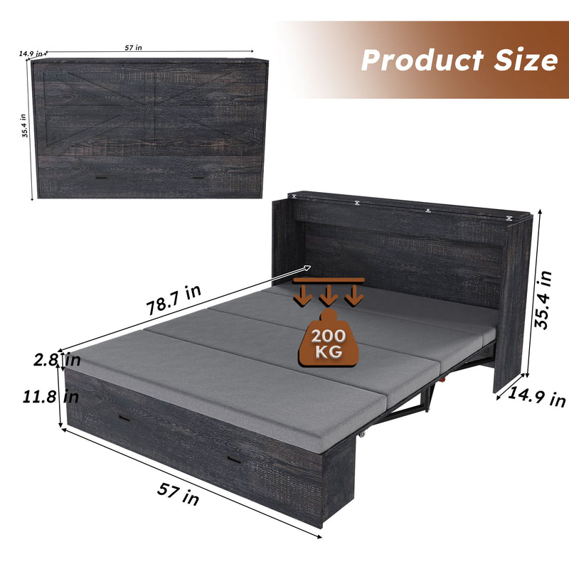 Murphy Bed With Storage Drawers And Charging Cabinet, Foldable Panels, Swivel Wheels