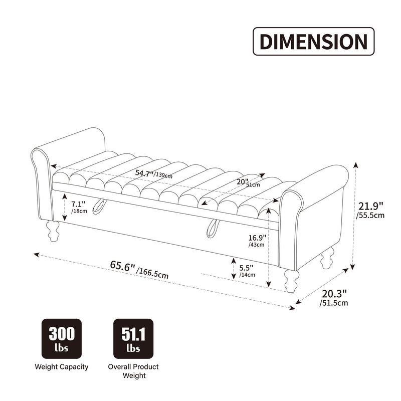 Wide Upholstered Storage Bench With Rolled Armrest For Bedroom - Griege