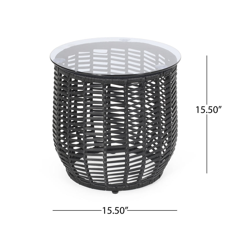 Boho Arias - Side Table With Tempered Glass Top And Rattan Wrap