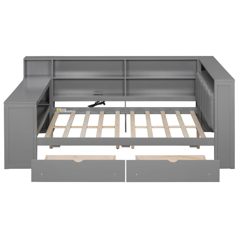 Platform Bed With Storage Shelves, Drawers, Charging Station, LED, Desk