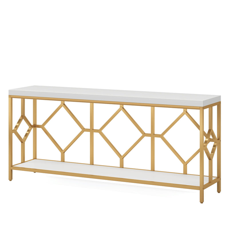 Extra Long Sofa Table With Diamond Pattern Frame, 2 Tier Open Storage For Living Room - White / Gold