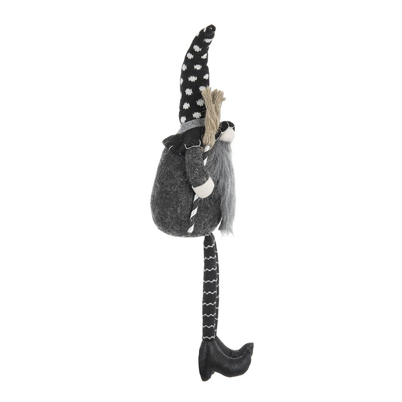Sitting Gnome With Broomstick & Soft Legs, For Halloween Decor - Black White