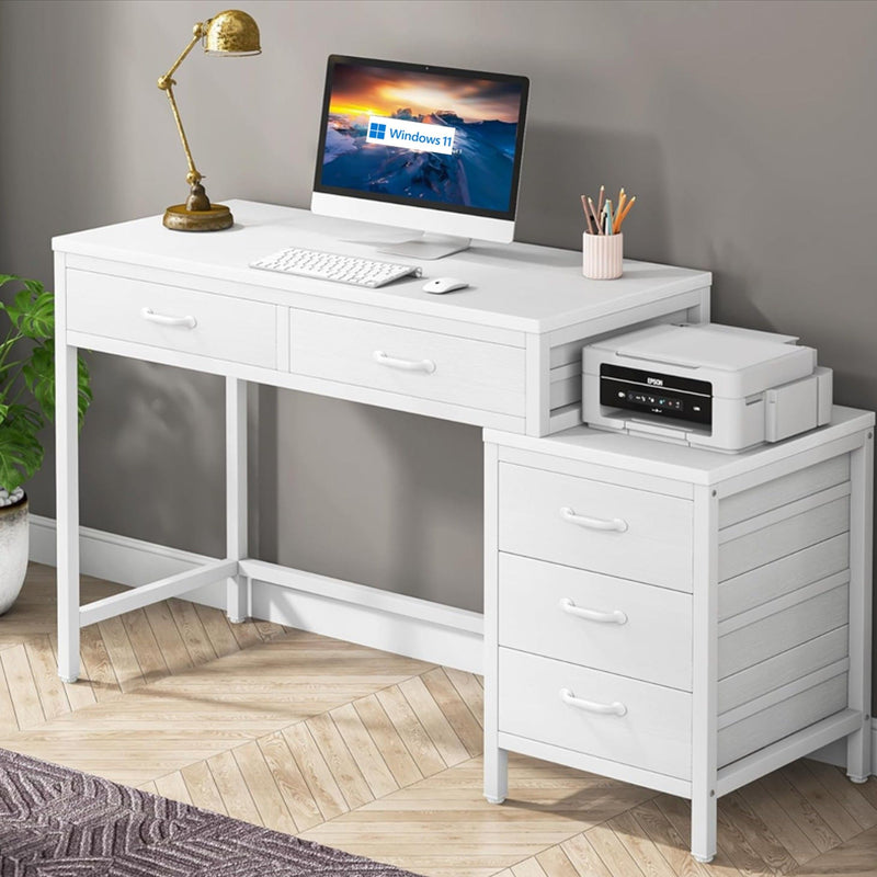 Computer Desk With Reversible 5 Drawer Storage, Frame Writing Table For Small Spaces
