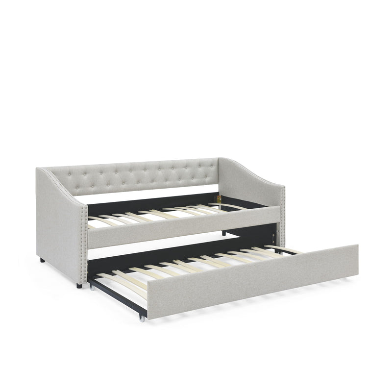 Upholstered Tufted Daybed With Drawers, Waved Arms