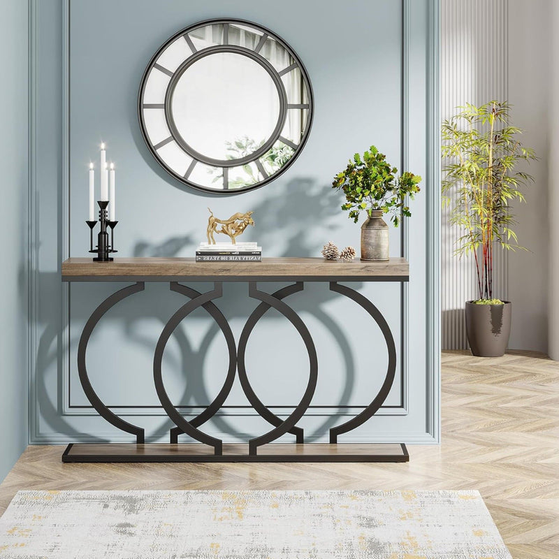 Console Table Narrow Long With Geometric Frame - Gray
