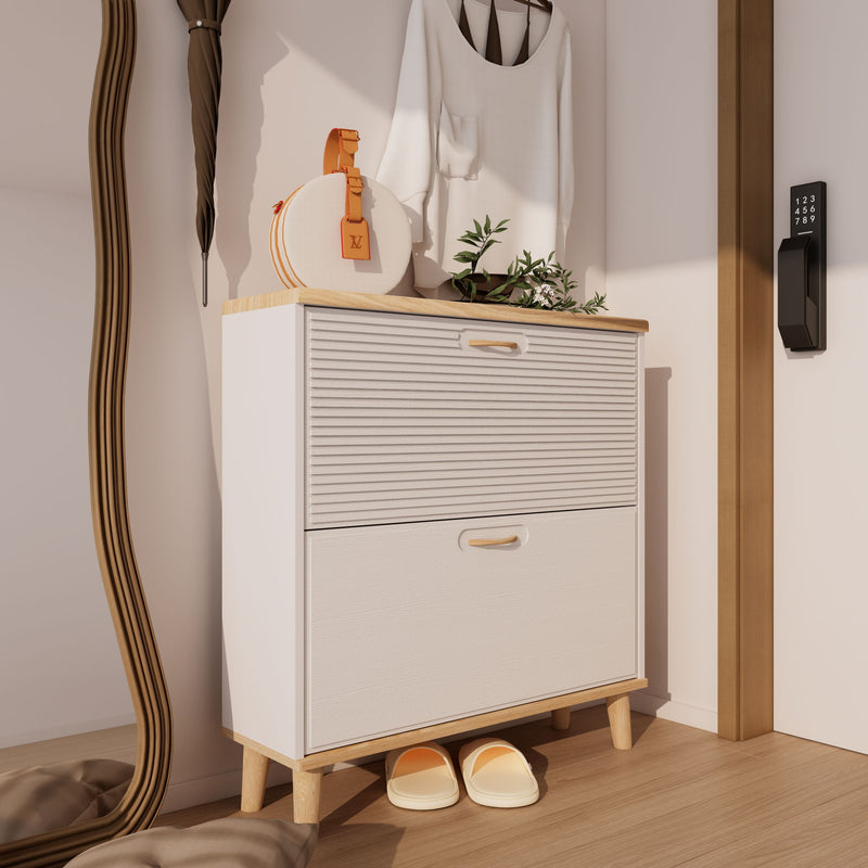Narrow - Entryway Shoe Storage Cabinet With 2 Flip Drawers Legs - Natural / White