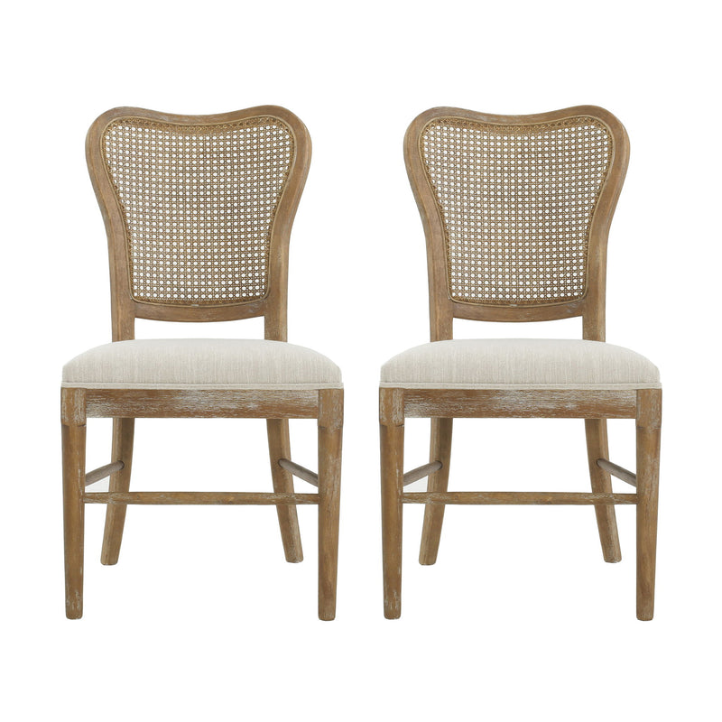 Classic Retro Dining Chair (Set of 2) With Rattan Backrest - Dark Brown / Beige