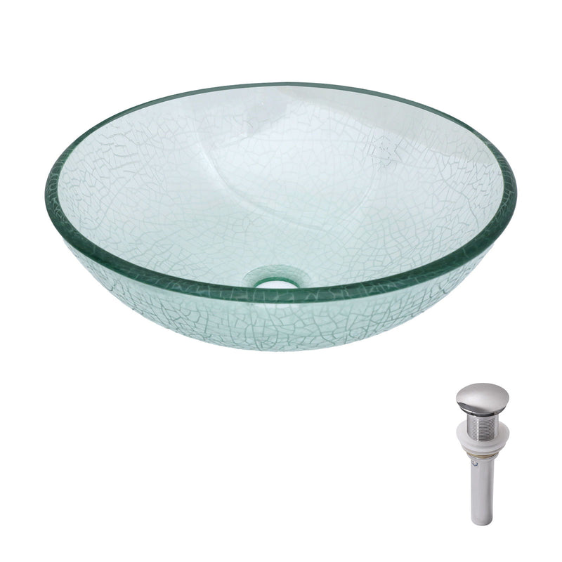 Crackle Vessel Sink, Round Bowl With Pop Up Drain - Clear