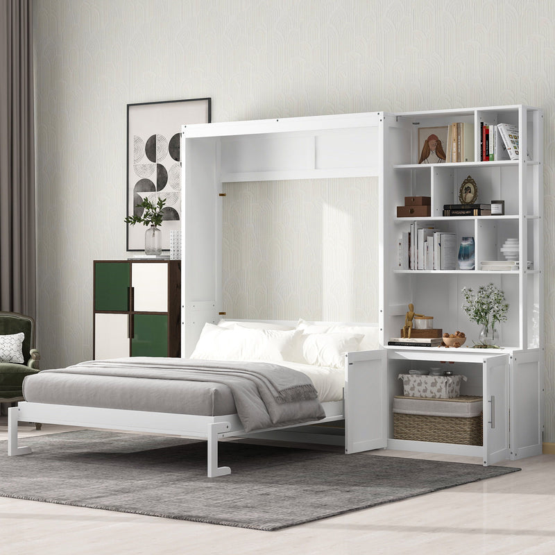 Full Size Murphy Bed With Multiple Storage Shelves And A Cabinet - White