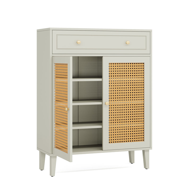 Shoe Cabinet With Rattan Doors And Drawer, 4 Tier Storage Organizer - Mint Green