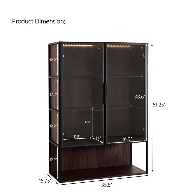 Modern Minimalist Tall Lighted Display Cabinet With Tempered Glass Door - Black / Dark Walnut