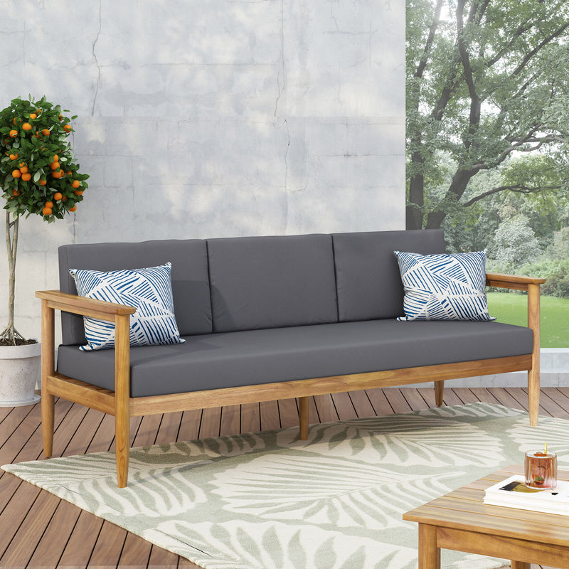 Outdoor 3 Seater Sofa With Cushion And Teak Acacia Wood - Dark Gray