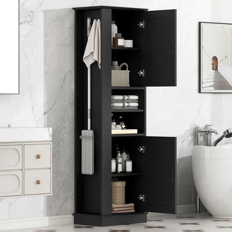 Tall Freestanding Bathroom Storage Cabinet With Adjustable Shelves And Side Hooks Board, Rectangle Design
