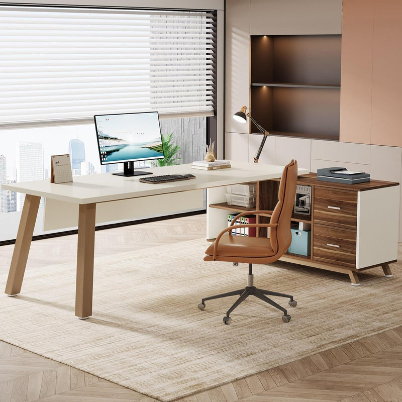 L-Shaped Executive Desk With File Cabinet, Computer Workstation With Drawers And Shelves For Home Office - White / Walnut