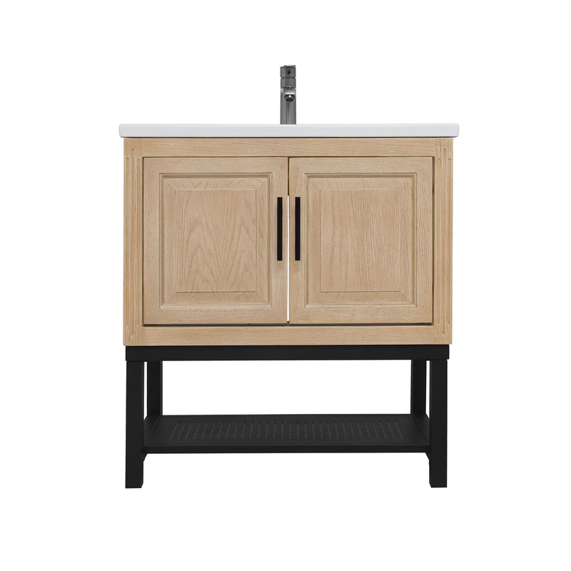 Modern Freestanding Bathroom Vanity With Ceramic Sink, Hot And Cold Faucet, Storage Cabinet & Open Shelf