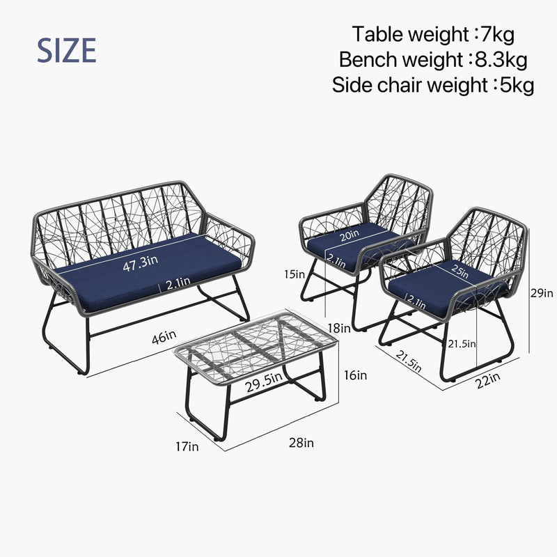 4 Piece Wicker Patio Furniture Set With Tempered Glass Table And Detachable Cushions