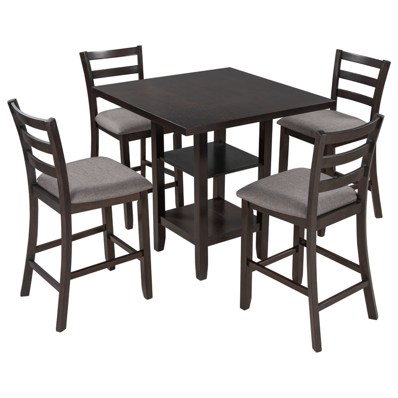 5 Piece Wooden Counter Height Dining Set With Padded Chairs, Storage Shelving