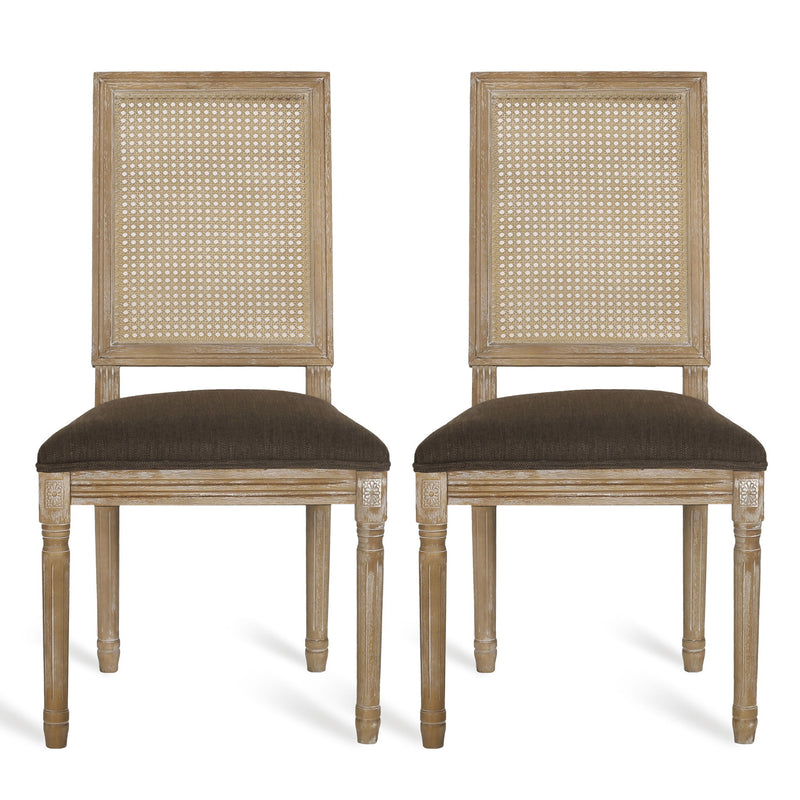 French Country Dining Chair With Rectangular Cane Backrest And Smooth Upholstered Seating