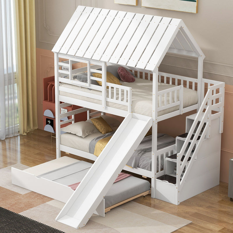 House Bunk Bed With Trundle, Storage Staircase, Roof And Window Design