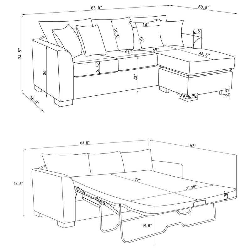 Pacheco - Upholstered Sleeper Sectional Chaise Sofa With Pocket Coils And Reversible Cushions - Dark Gray