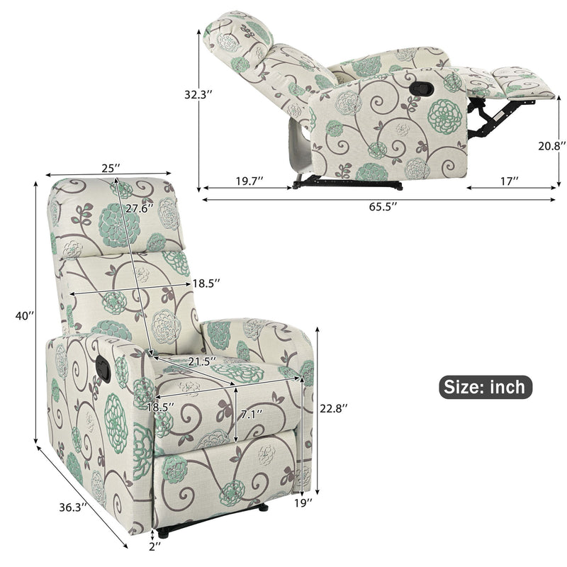 Modern Manual Recliner, Home Theater Chair With Adjustable Backrest For Living Room - Beige / Blue